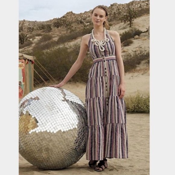Anthropologie Maeve Striped Halter Neck Tiered Maxi Dress 2 - Picture 1 of 11